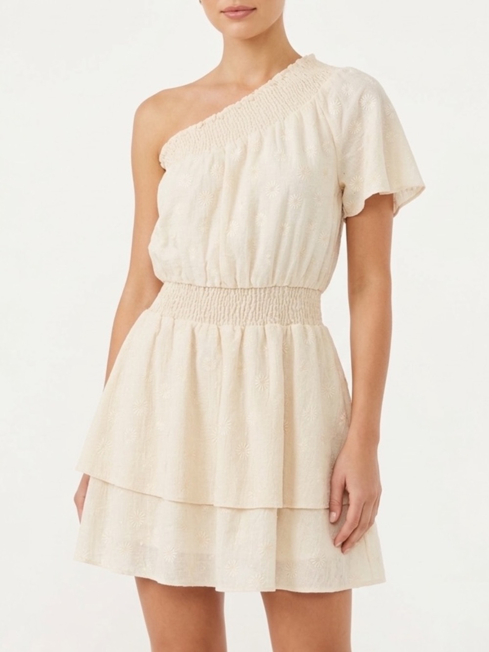 Show Me Your Mumu Holland Mini Dress White Daisy Embroidered Smocked Boho Size S
